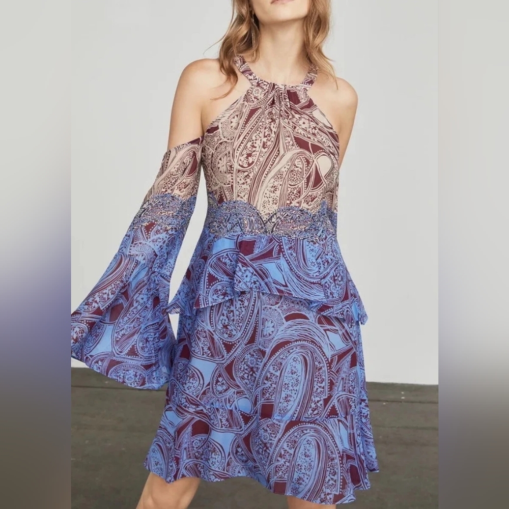 BCBGMAXAZRIA Mariah Paisley Cold Shoulder Ruffle Silk Dress with Bell Sleeve XXS